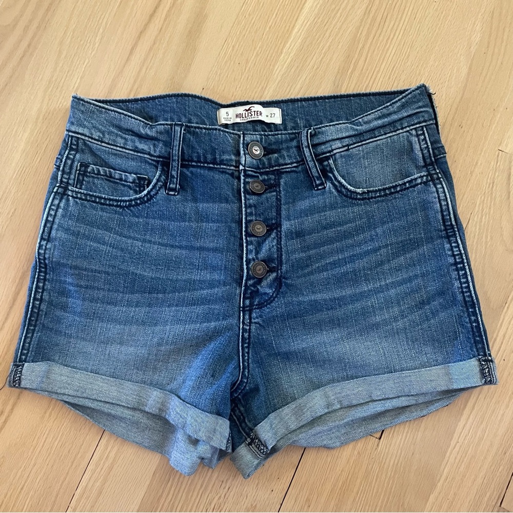 Hollister button fly dark wash cuffed jean shorts 5